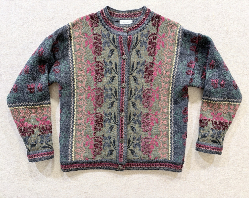 Cherry Lewis Wool Tapestry Cardigan Sz Medium Made in England 90% Wool Button
